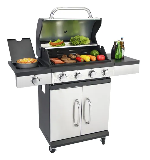 4 Burner+1 Side Burner Gas BBQ Grill with Cabinets Wheels Stainless Steel Gas Barbeque Outdoor Grill Home Party BBQ Grill
