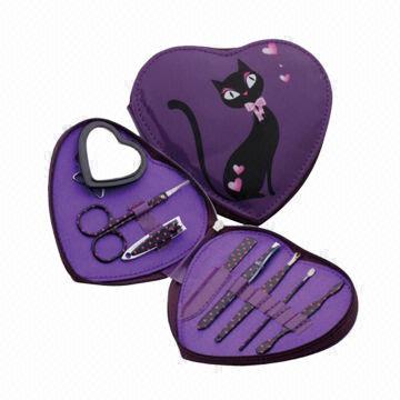 8-piece High Grade Manicure Set for Promotional Gift, Heart Zipper Case+Cat Printing