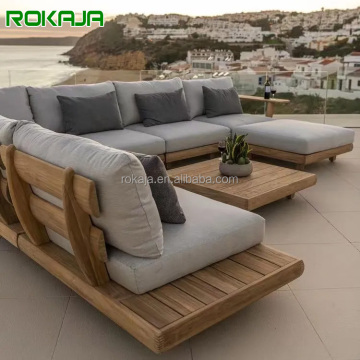 Bộ phận sofa bằng gỗ tếch đặt bàn trà giải trí ngoài trời hình chữ U