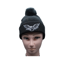 Black Flecked Eagle Embroidered Pom Pom Knit Beanie