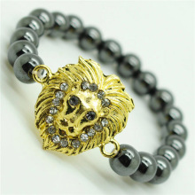 Pulsera Hematite 8MM Round Beads Stretch Gemstone con Diamante aleación Lion Head Piece