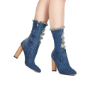 Musim semi Kulit Denim Boots Chunky High Heel