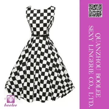 Hot sale fashion women sleeveless black white plaid dresses fashion women dress