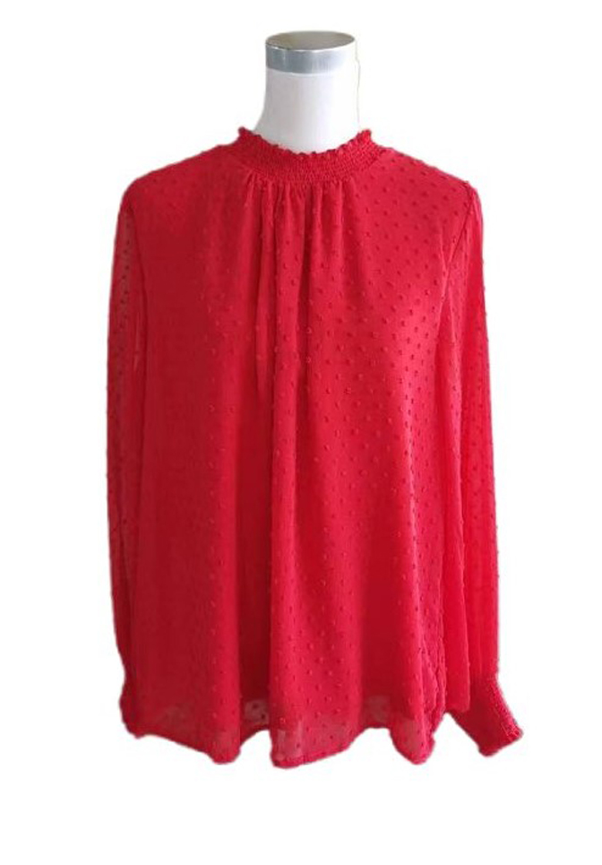 Ruffle O-Neck Long Sleeve Smocked Cuff Blouse