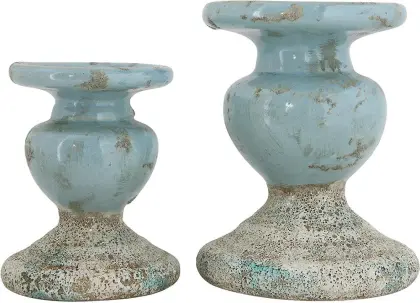 Small Distressed Blue Terracotta Pillar Candle Holder
