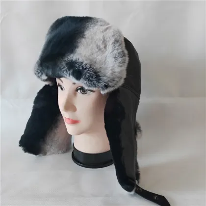 Rabbit Fur Aviator Outdoor Trapper Trooper Pilot Ski Hat Lambskin Leather Trapper Hat with Two-Tone Rabbit Fur Trim