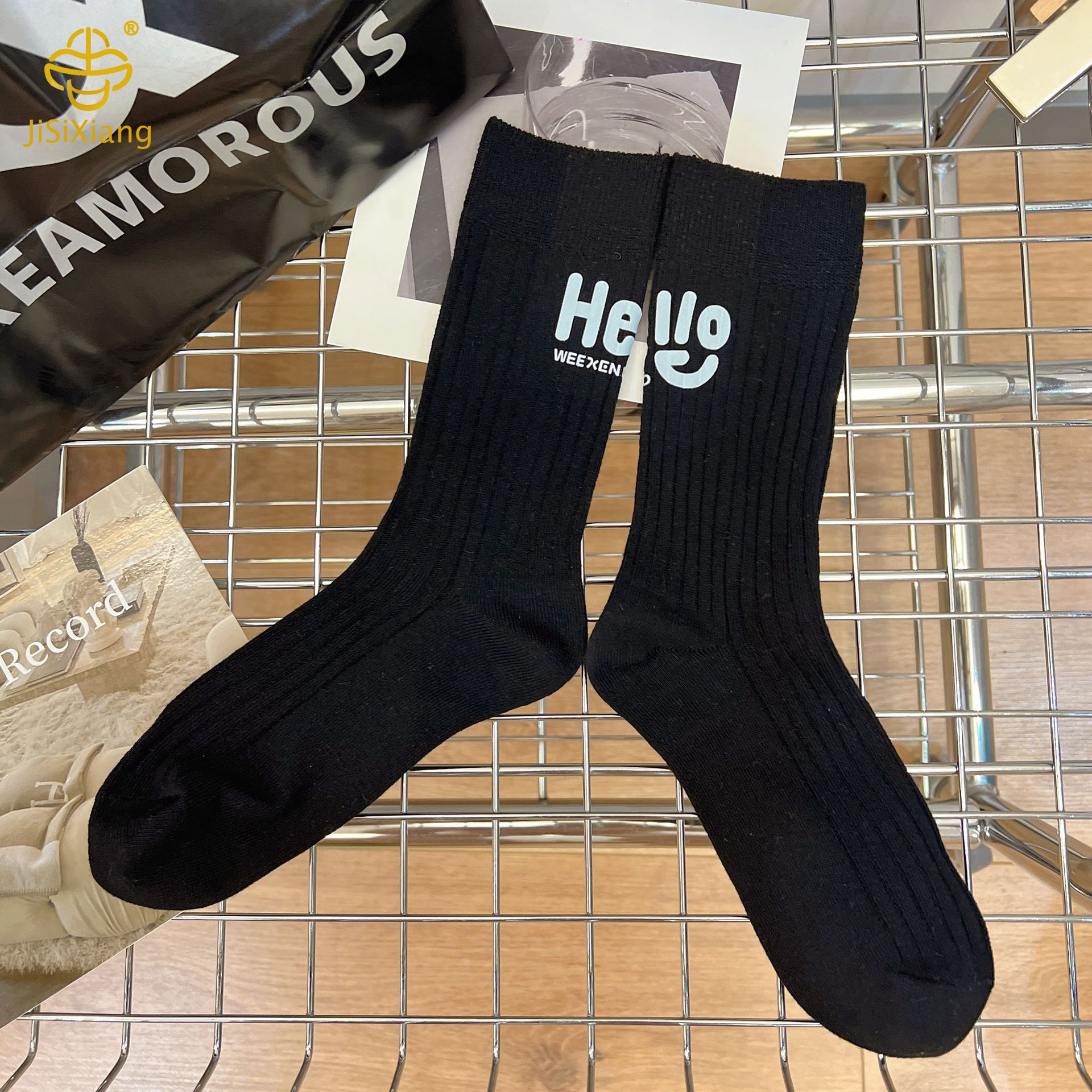 version letter vertical stripe black and white mid tube sock