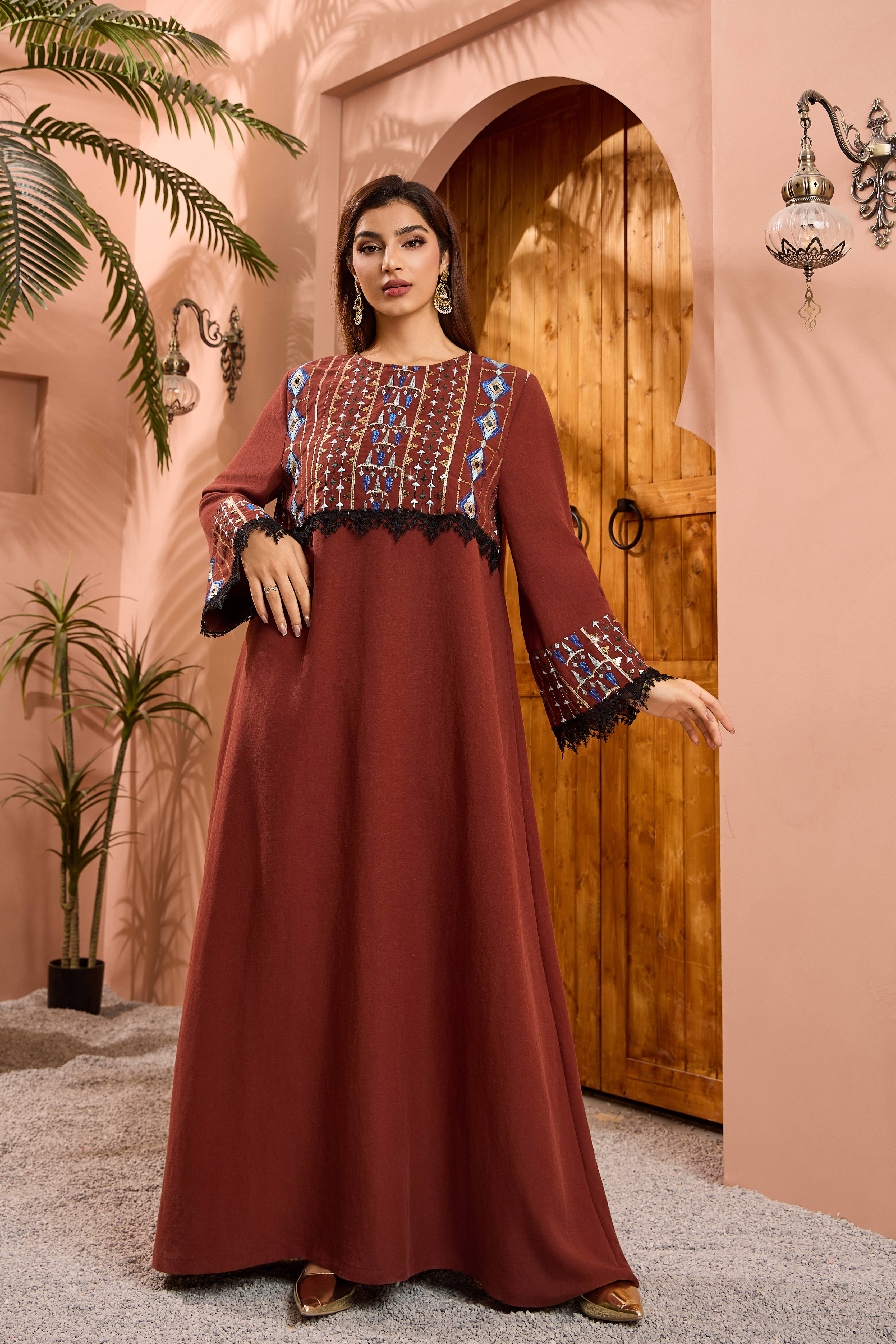 burgundy geometric embroidered abaya model styling view 02