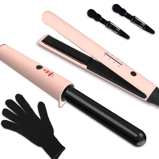 Custom Salon Ceramic Pink LED OEM Power Plug ODM 2 in 1 Curling Wand Hair Straightener and Curler Flat Iron Set