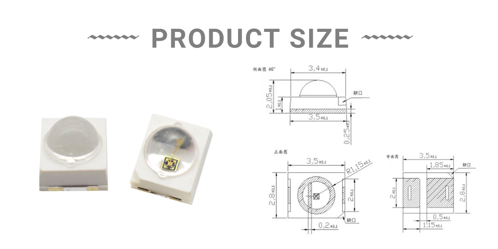 Size of 2835FIRC94E14I100A60 940nm Infrared(IR) LED 2835 Dome Lens 60-Degree 100mA