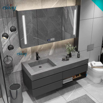 Tocadores de madera de alta gama de estilo americano con top brillante y gabinetes laterales irregulares para unidades de tocador de baño con combinación