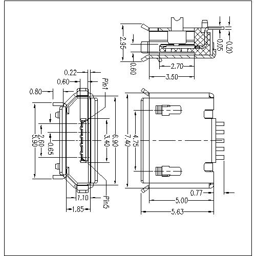 MUFM03 3-Micro USB 5P Receptacle B Type SMT(Shell Dip)0.75 