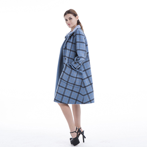 Elegante cappotto in cashmere blu a quadri