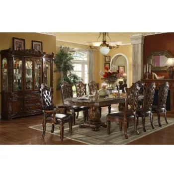 Hand-Carved Traditional Dining Table and Chair Set with Wine Cabinet