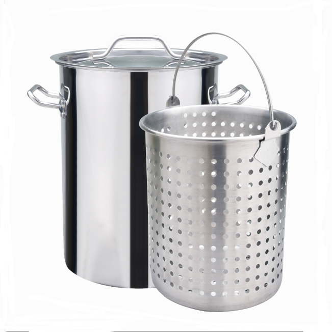 Removable deep raised steam basket Includes Stock Pot