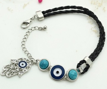2016 hamsa knitted leather mens silver evil eye bracelet for men
