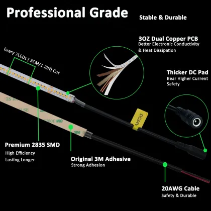 High Lumens 2835 SMD LED Strip, 192 LEDs, 200LM/W, Custom 8mm 24V 3000K Warm Light