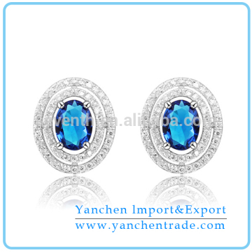 2014 Best Selling Earring Design Prong Setting Blue Sapphire CZ Diamond Stud Earring