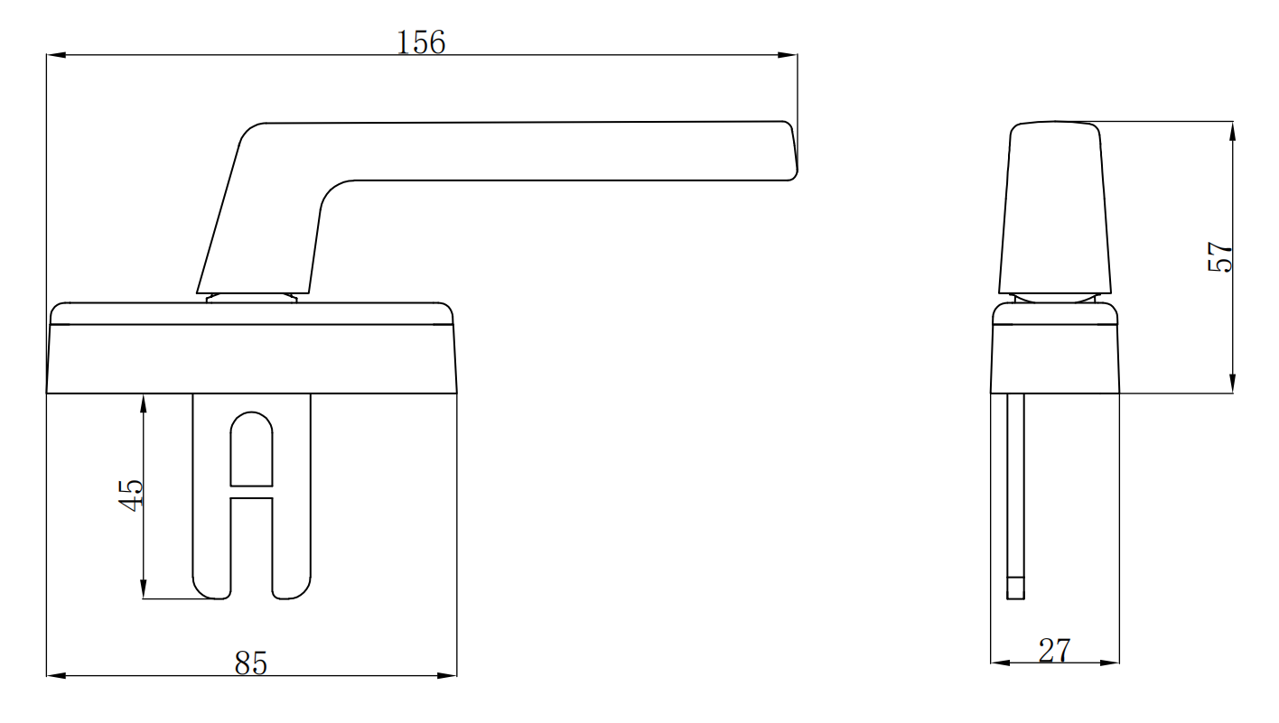 BC238 aluminum window handle technical drawing showing slim base dimensions and long lever length