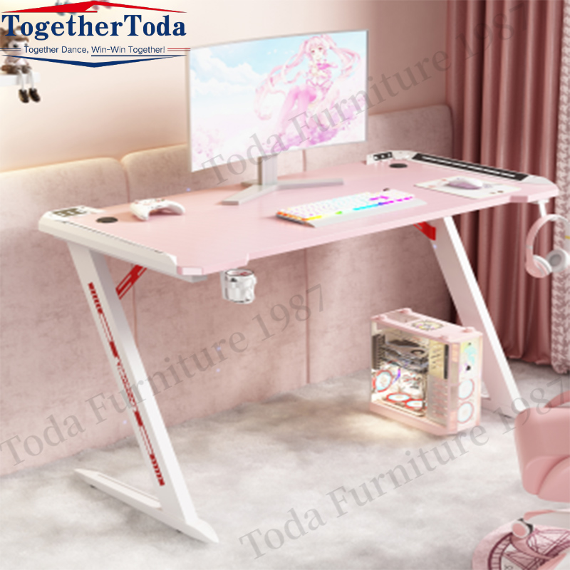 Ketinggian ergonomik meja permainan berdiri merah jambu laras
