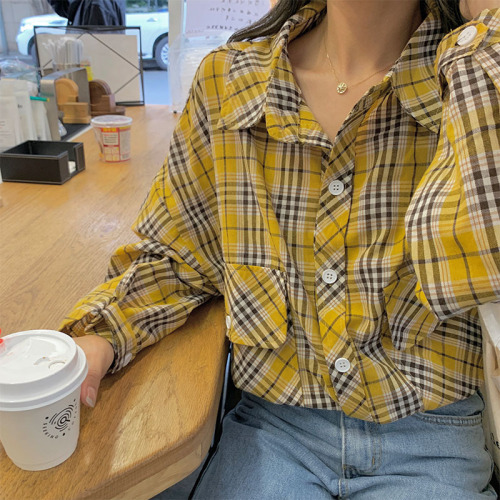 All-match small yellow fine plaid shirt in Autumn