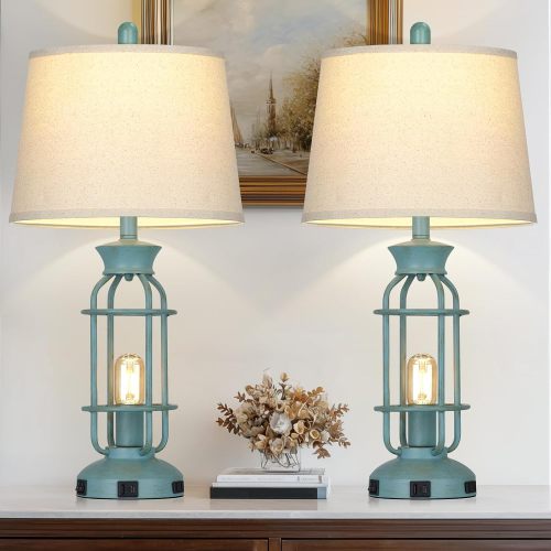 Vintage Farmhouse Table Lamps with Dual Charging Ports