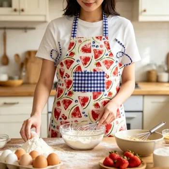 Red‑White Printed Pure Cotton Kitchen Apron
