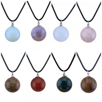 Gemstone 20mm Round Beads With 45CM Black Leather Cord Necklace Natural Stone Crystal Ball Pendant Choker for Women Men Gift