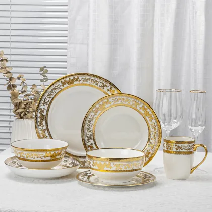 Luxury Wholesale Ceramic Tableware: 56pc Set Bone China Gold Wedding Dinnerware Plates