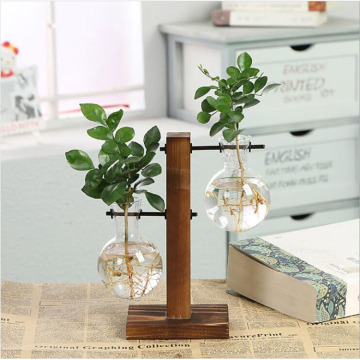 Retro Tabletop Hydroponics Flower Glass Vase Wood Holder