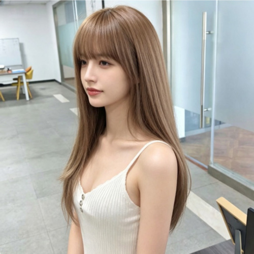 Warm Light Brown Long Straight Synthetic Wig Bangs 5