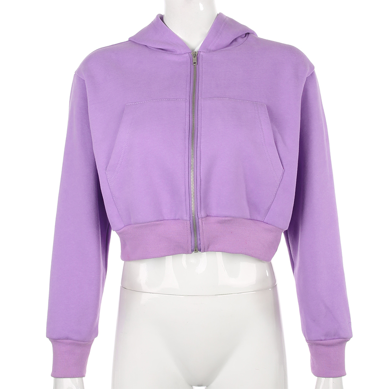 Sweetown 2020 Autumn Zipper Up Pocket Casual Basic Cropped Hoodies For Women Streetwear Long Sleeve Leisure Purple Sweatshirts