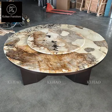 Custom Italian Patagonia Marble Lazy Susan Dining Table Set