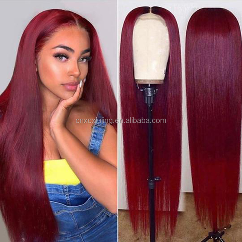 New 4*4 Closure  99J Burgundy Lace Front Wig  Brazilian Straight Lace Frontal Human Hair Wigs Pre Plucked