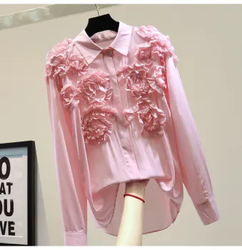 Blusas Mujer De Moda 2020 Korean Style Summer Fall Loose Solid Color Women's Shirt Three-dimensional Flower Long Sleeve Blouse