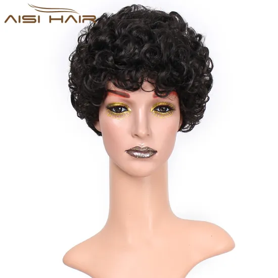 Aisi Hair Wholesale Afro Synthetic Wigs For Black Women Black Short Curly Cut Wig With Bangs Heat Resistant Fiber