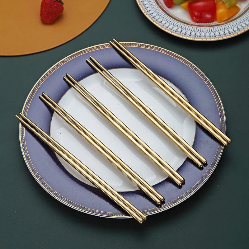 10 Pairs Reusable Chopsticks, Titanium Gold Plating Stainless Steel Metal Chop Sticks