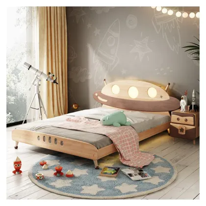 Wooden Spaceship Lighted Headboard Kids Furniture Bed for Children