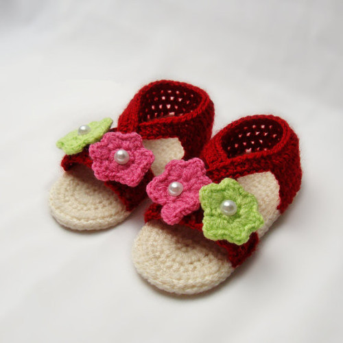 Sepatu gadis merah gelap bayi bayi sandal handmade crochet