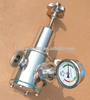 Sanitary pressure reducing valve with gauge
