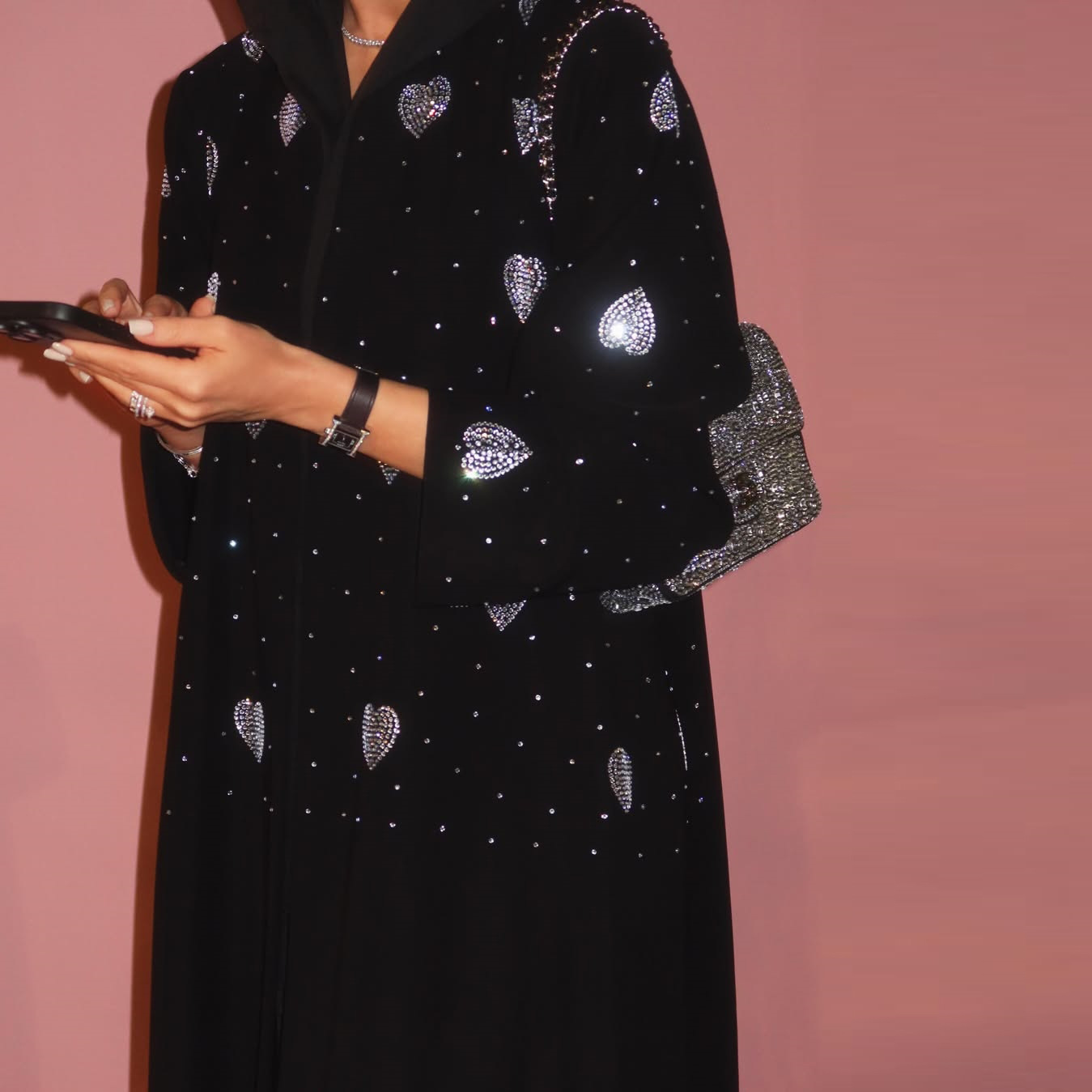 Crystal Heart Crepe Open Abaya Occasion Style