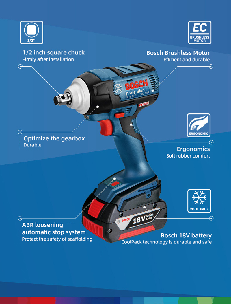 Bosch GDS18V-EC 300ABR rechargeable brushless electric wrench car tire mounting scaffold, equipped with two 18V 4An batteries