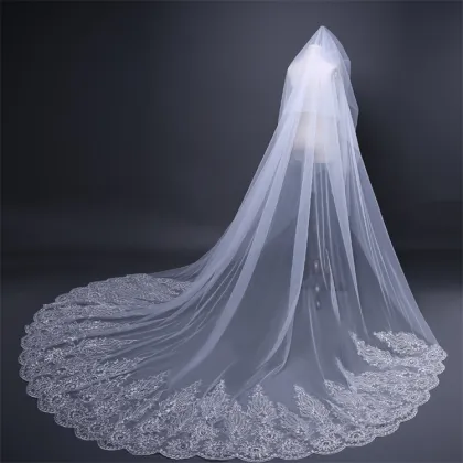 EU Trailing Wedding Veil with Sequins Lace and Diamond Bridal Veil
