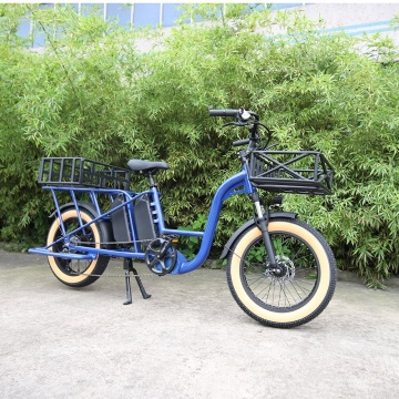 Heet verkopende elektrische vrachtfiets met dubbele 750 W -batterijen, voor- en achterdrager, twee manden en duimgashendel