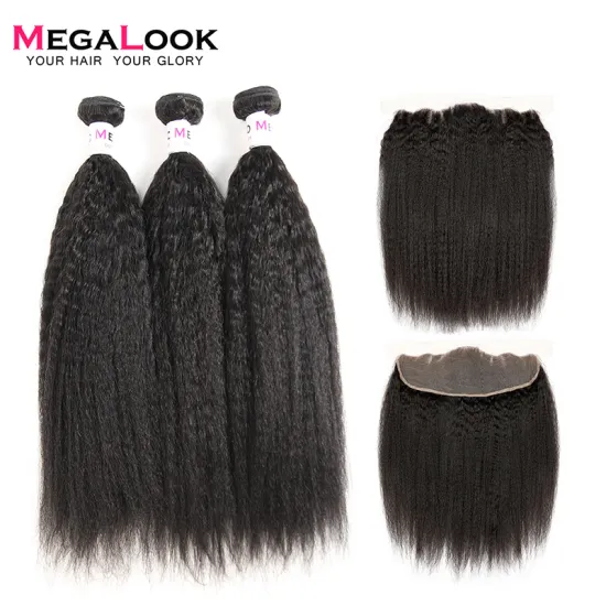 Cuticle Aligned Raw Unprocessed Virgin Yaki Kinky Straight Brazilian Hair Bundles With Frontal