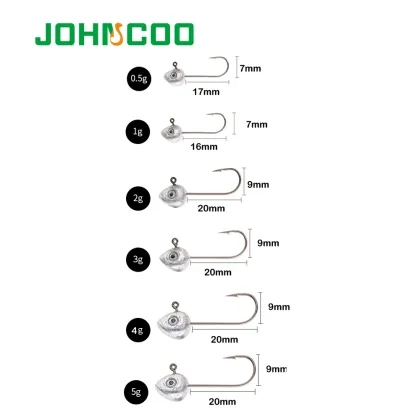 JOHNCOO 10pcs Mini Jig Head Hook 0.5g 1g 2g 3g 4g 5g Jigging Lead Hook Rockfish Game Soft Bait Hook Carbon Steel Treble Hooks