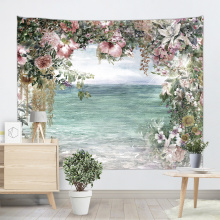 Flower Sea Tapestry Wandbehang Rose Lily Wandteppich Hellblau Natur Elegant für Wohnzimmer Schlafzimmer Wohnheim Wohnkultur