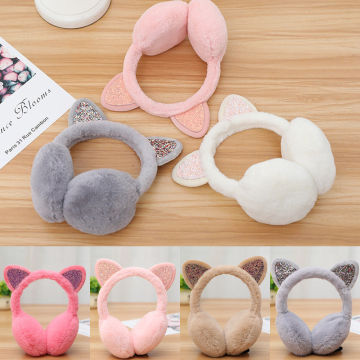 Brand New Fashion Women Girl Fur Winter Ear Warmer Earmuffs Cat Ear Muffs Earlap Glitter Sequin Earmuffs Headband Newest