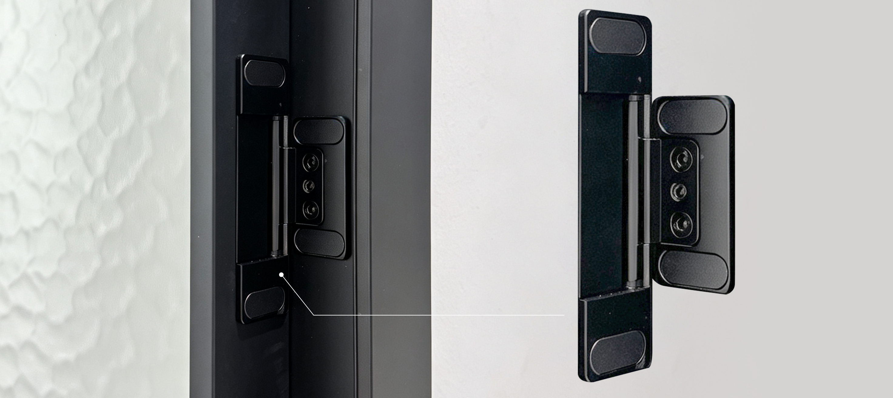 Bisagra oculta para puerta abatible de aluminio.