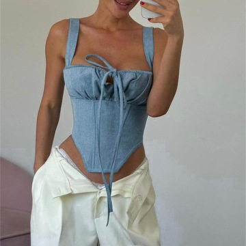 2024 Summer Women's Strapless Ruched Crop Top with Denim Lace-up Bow Slim Corset Tube Top